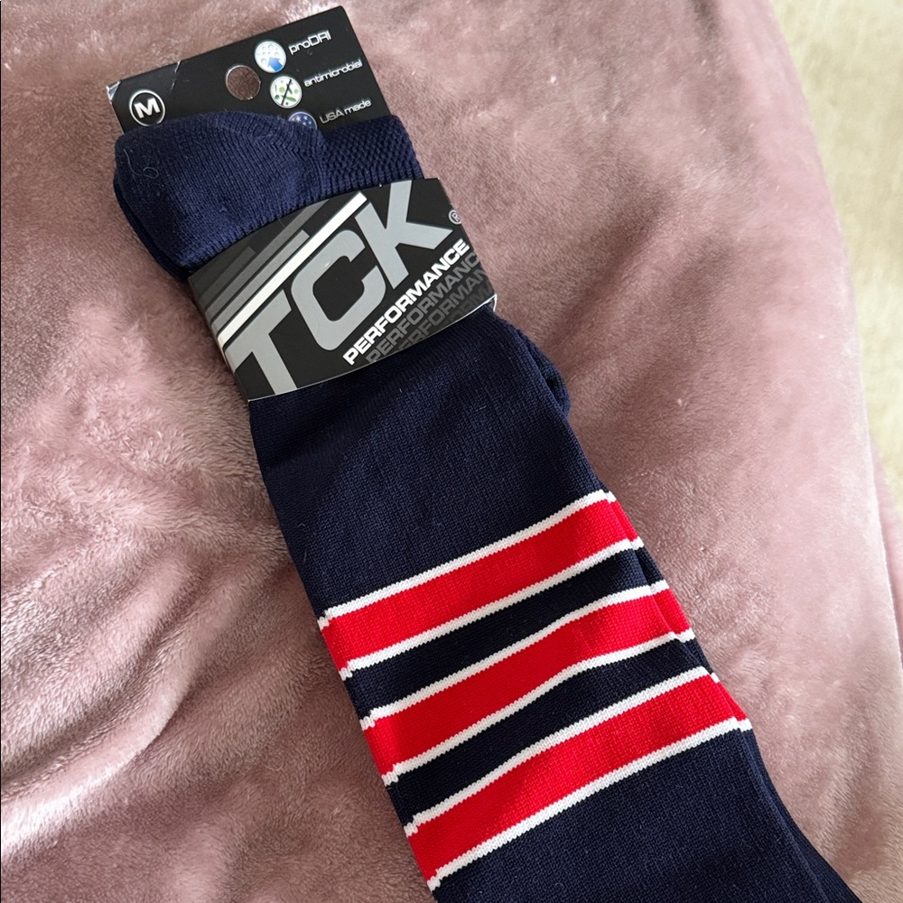 TCK Baseball Performance Navy Socks with Red and White Stripes